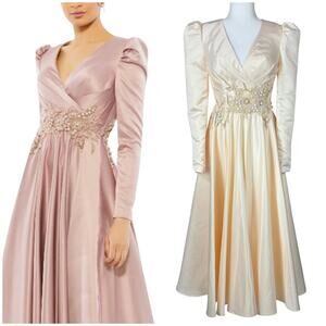 Mac Duggal NWT Long Sleeve V-neck Satin Embellished Dress Pearl Cream Size 2